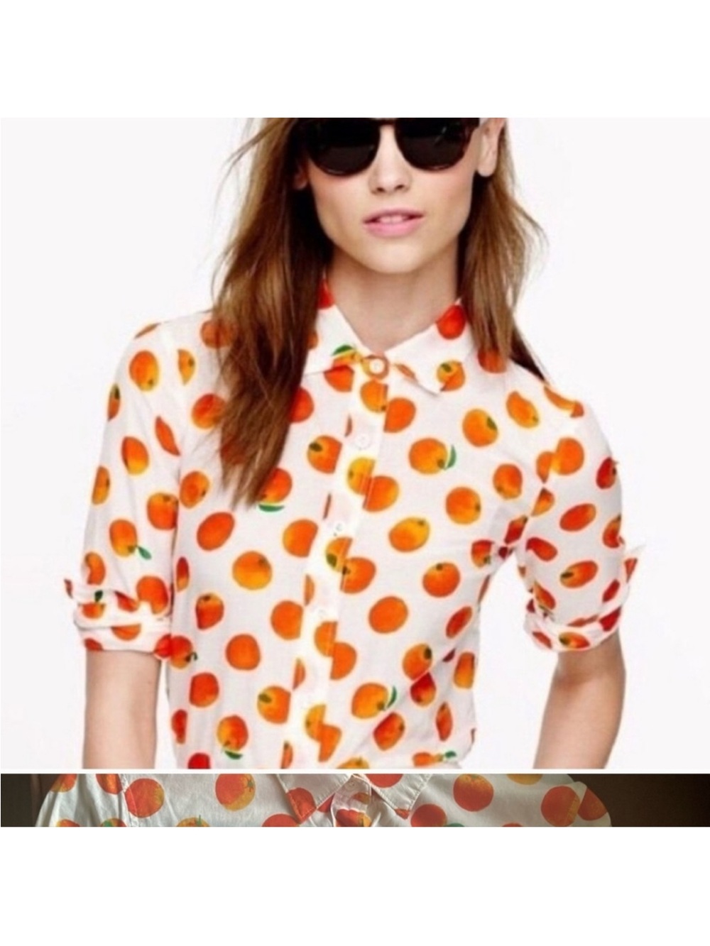 J Crew women’s Sheer Button-Up Shirt with Orange Fruit Print, size 4